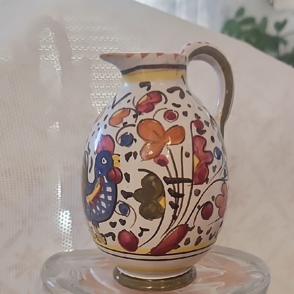 Colorful Floral Ceramic Pitcher Vase Rooster Print Made In Italy Numbered.